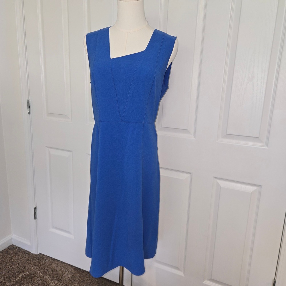 Elie Tahari Midi Dress Womens 6 Royal Blue Asymmetrical Neck Sleeveless ER087615